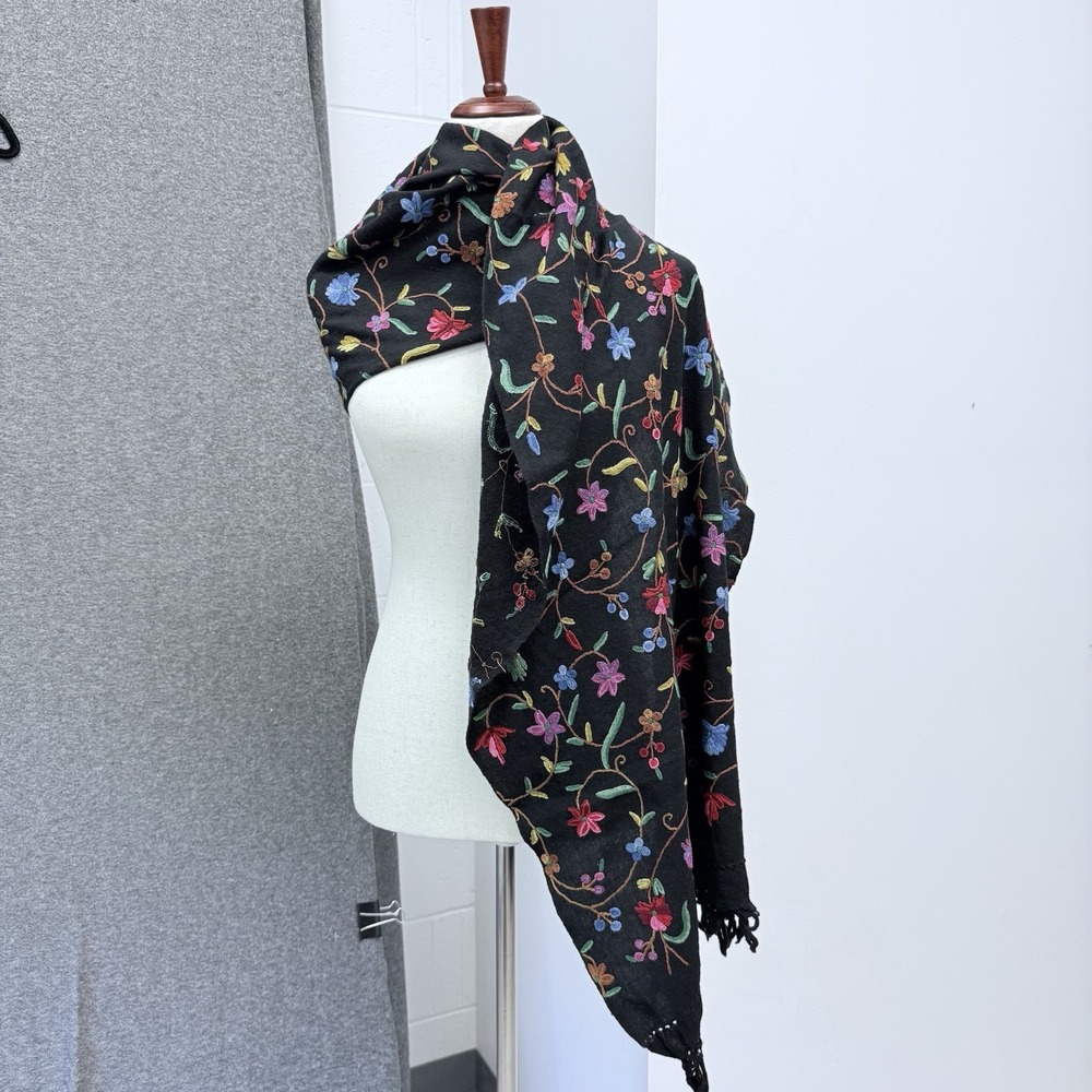 Embroidered Boho Folk Shawl Wrap Scarf 48 X 34 Floral Whimsigoth Dark Cottage